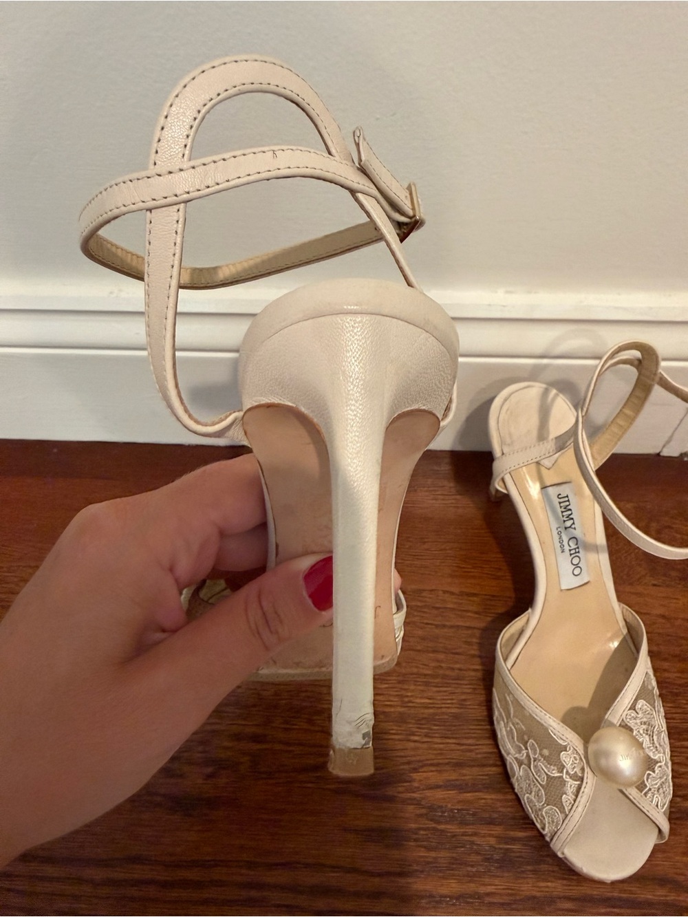 Jimmy Choo Sacora 85 MM Ivory Lace Peep-Toe Ankle Strap Heels with Pearl - Picture 11 of 16